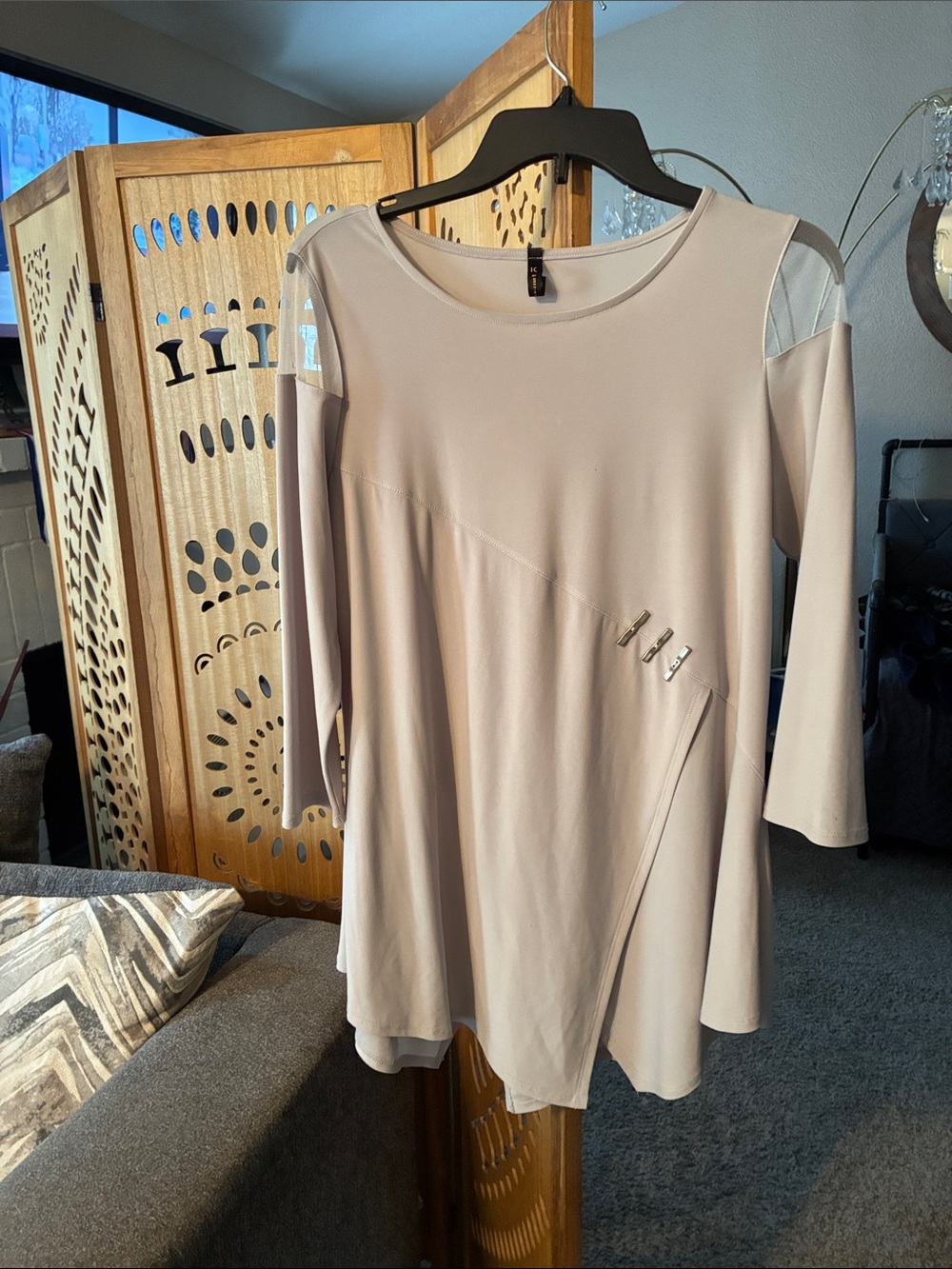 Connie Light Taupe A-Line Tunic with Sheer Shoulder Insets